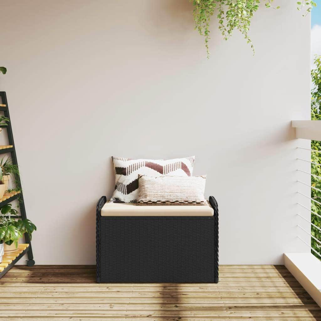 Storage Bench with Cushion Black Poly Rattan