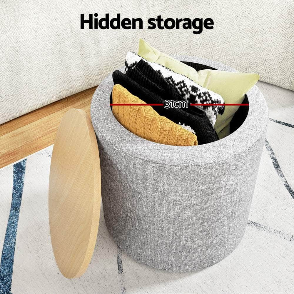 Storage Ottoman Blanket Box 40cm Linen Round Grey