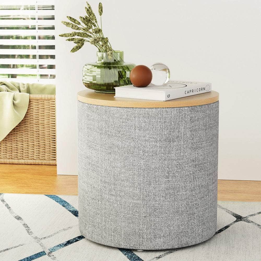 Storage Ottoman Blanket Box 40cm Linen Round Grey