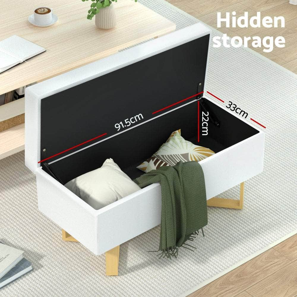 Storage Ottoman Blanket Box Criss-cross Linen White