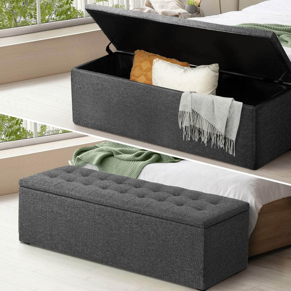 Storage Ottoman Blanket Box Foot Stool XL Chest Toy Faux Linen Grey