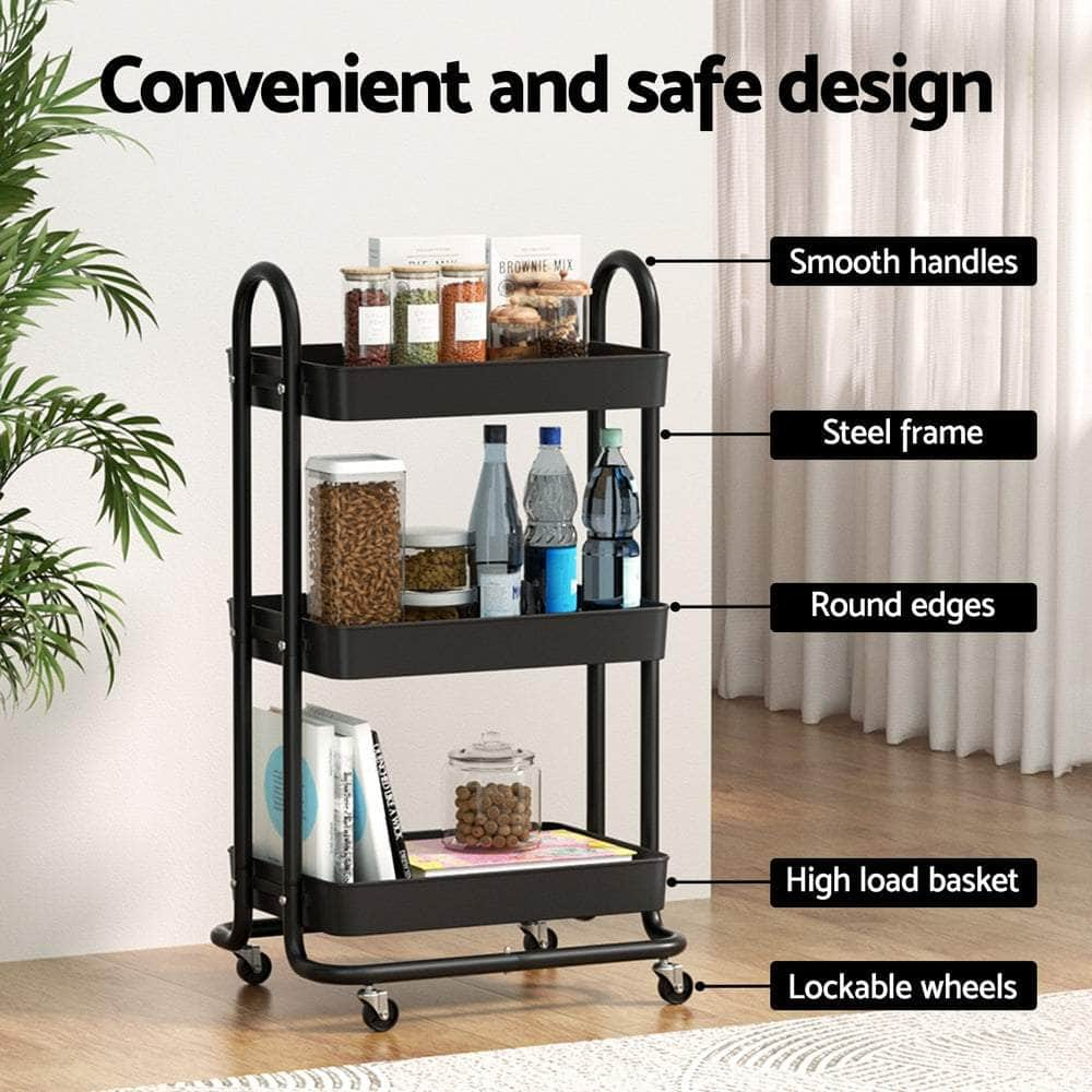 Storage Trolley Kitchen Cart 3 Tiers Rack White/Black