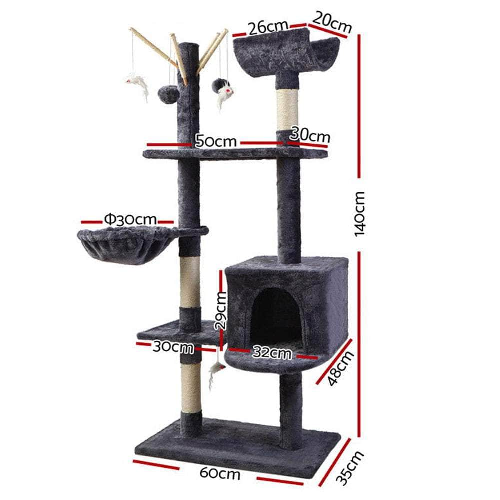 Stylish 140cm Cat Tree with Scratching Post - Grey