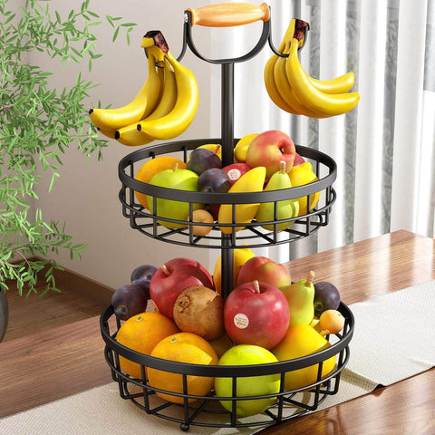 Stylish 2-Tier Fruit Basket with Banana Hanger - Wooden Handle Design