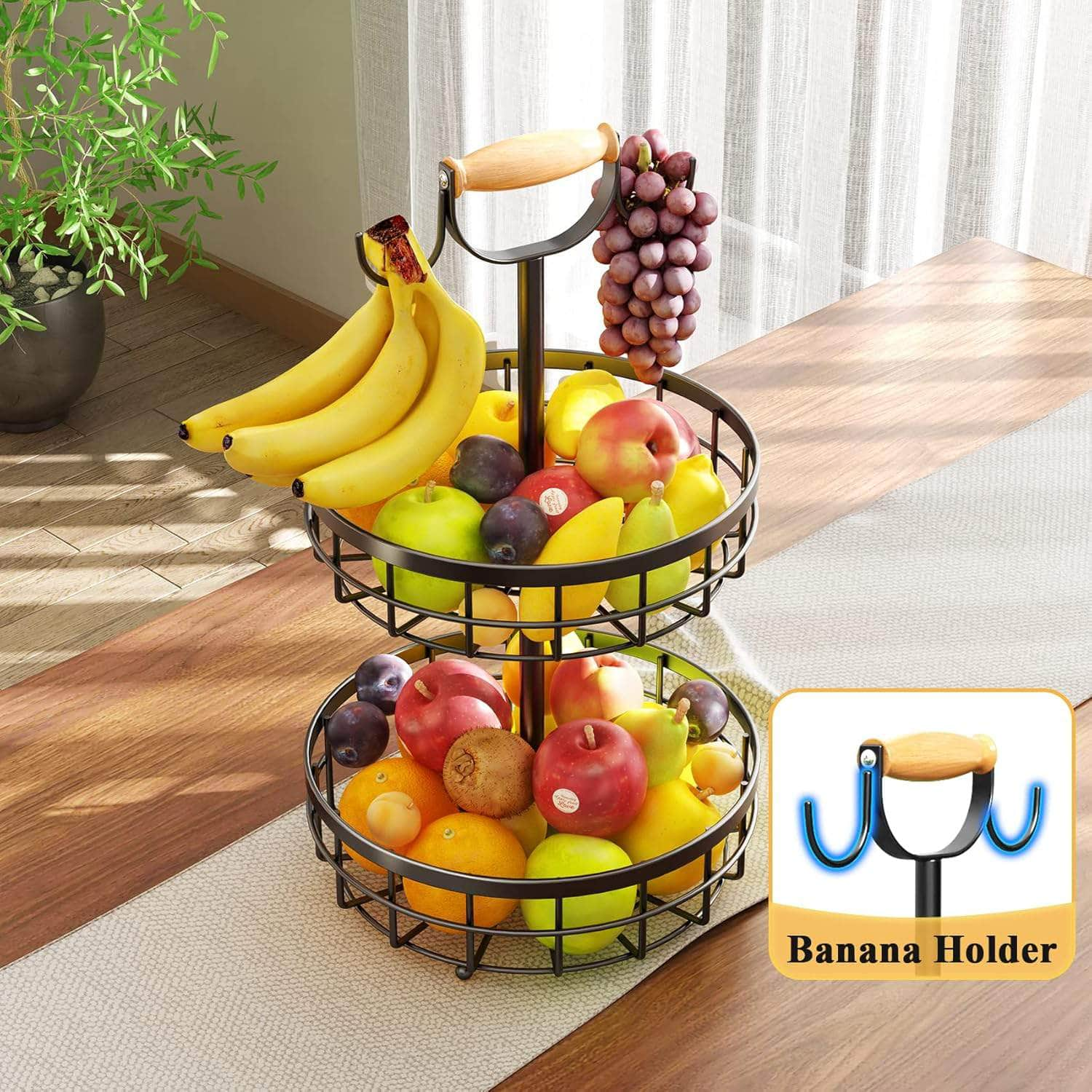 Stylish 2-Tier Fruit Basket with Banana Hanger - Wooden Handle Design