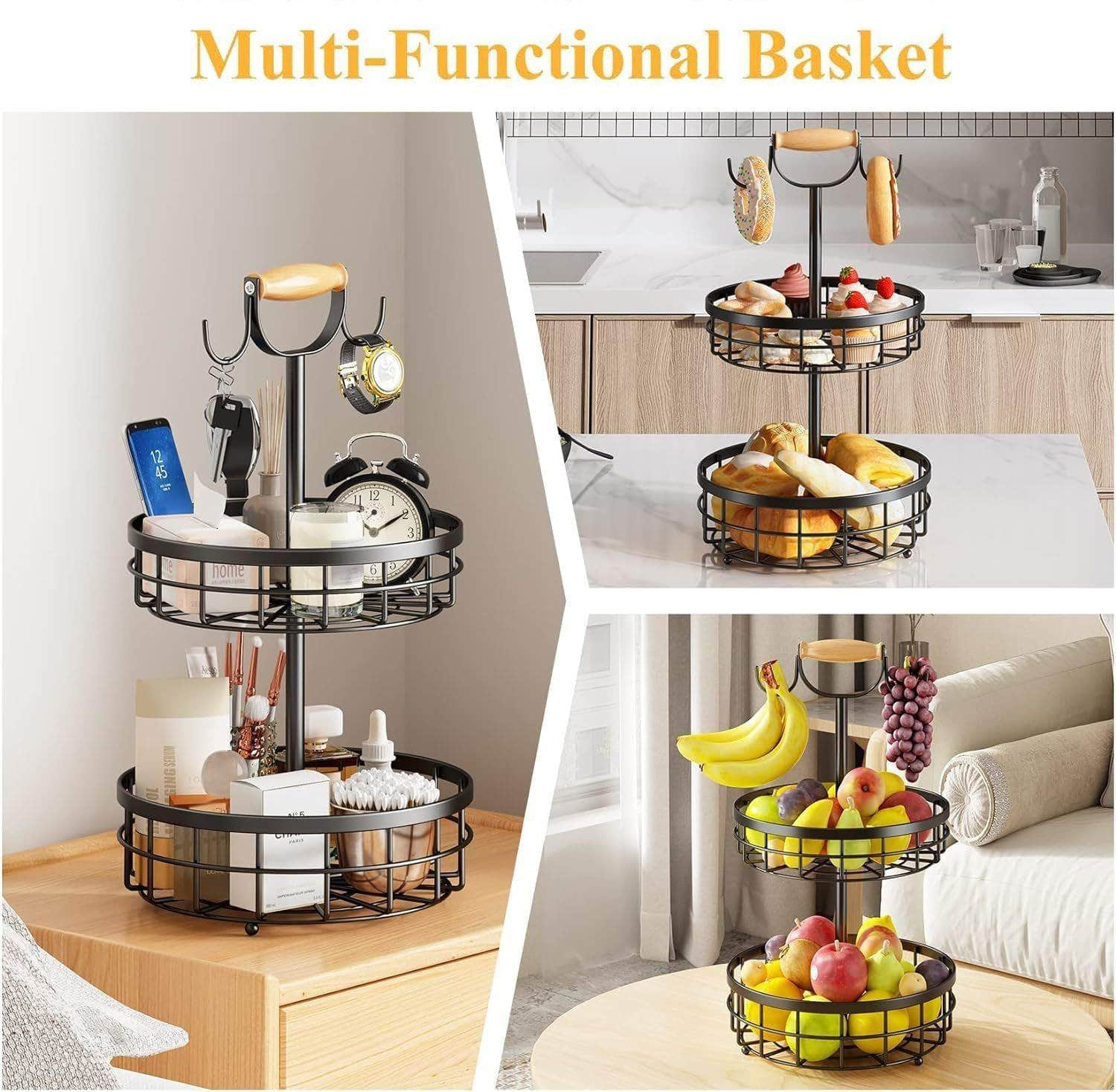 Stylish 2-Tier Fruit Basket with Banana Hanger - Wooden Handle Design