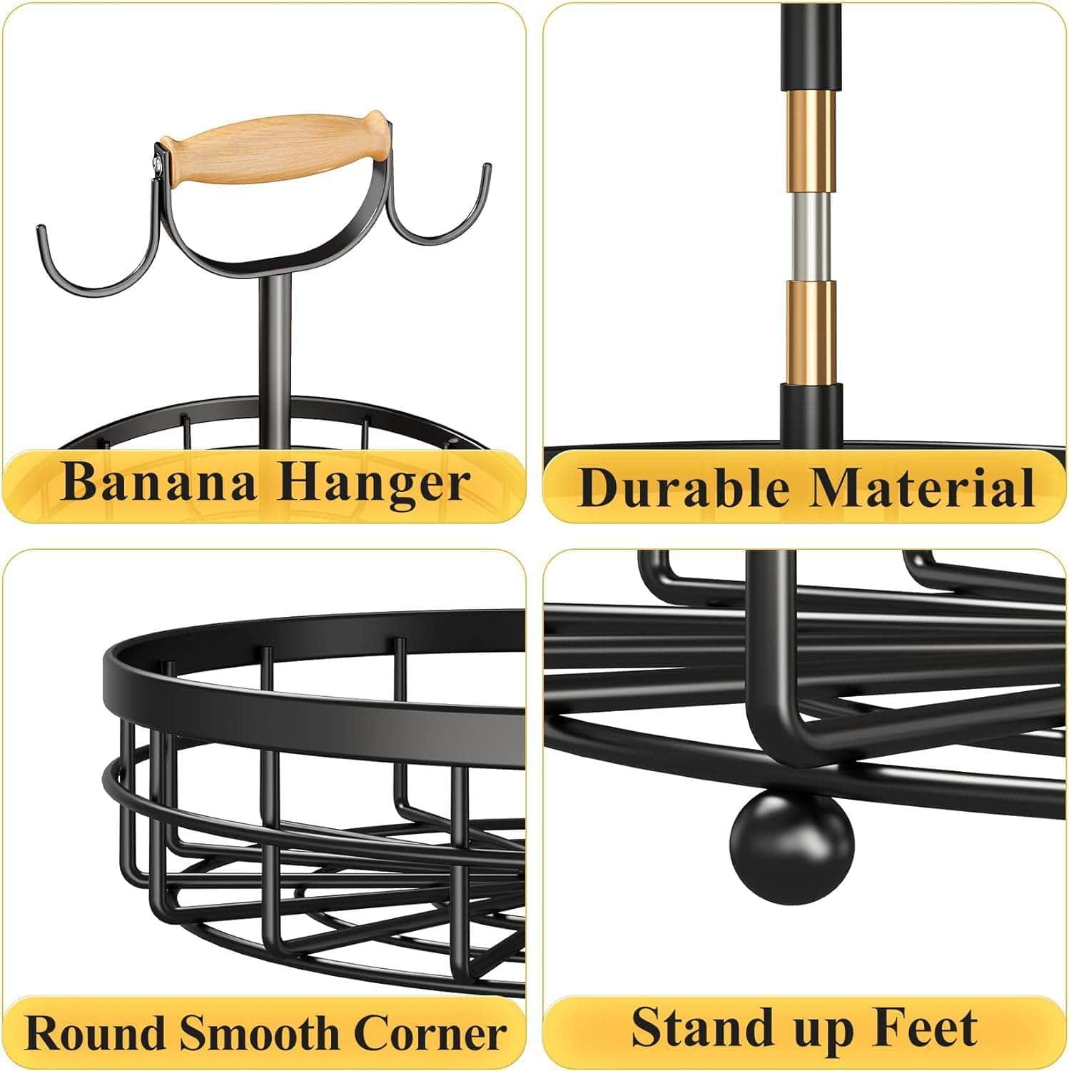 Stylish 2-Tier Fruit Basket with Banana Hanger - Wooden Handle Design