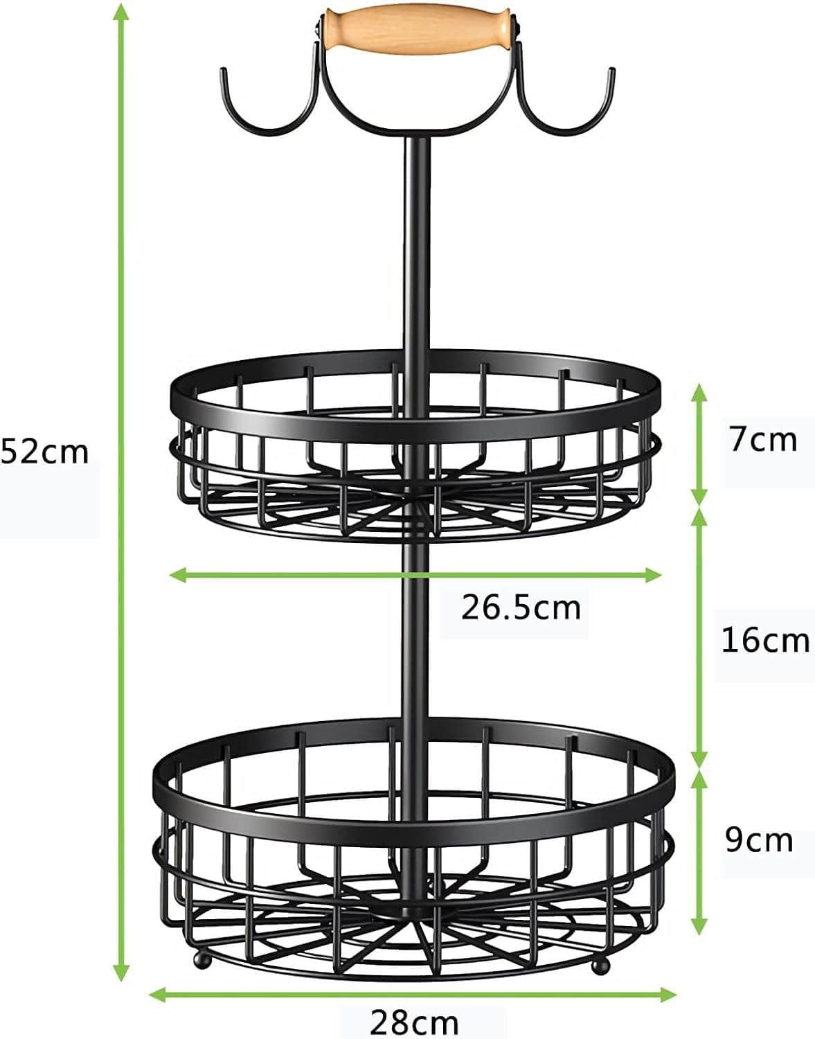 Stylish 2-Tier Fruit Basket with Banana Hanger - Wooden Handle Design