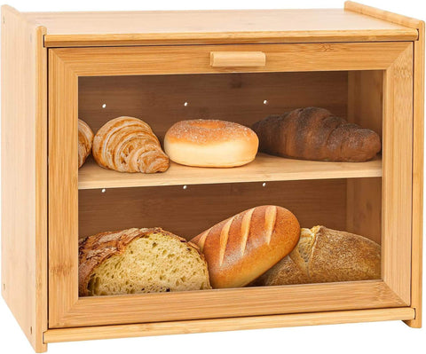 Stylish Bamboo Bread Box - Double Layer with Transparent Window