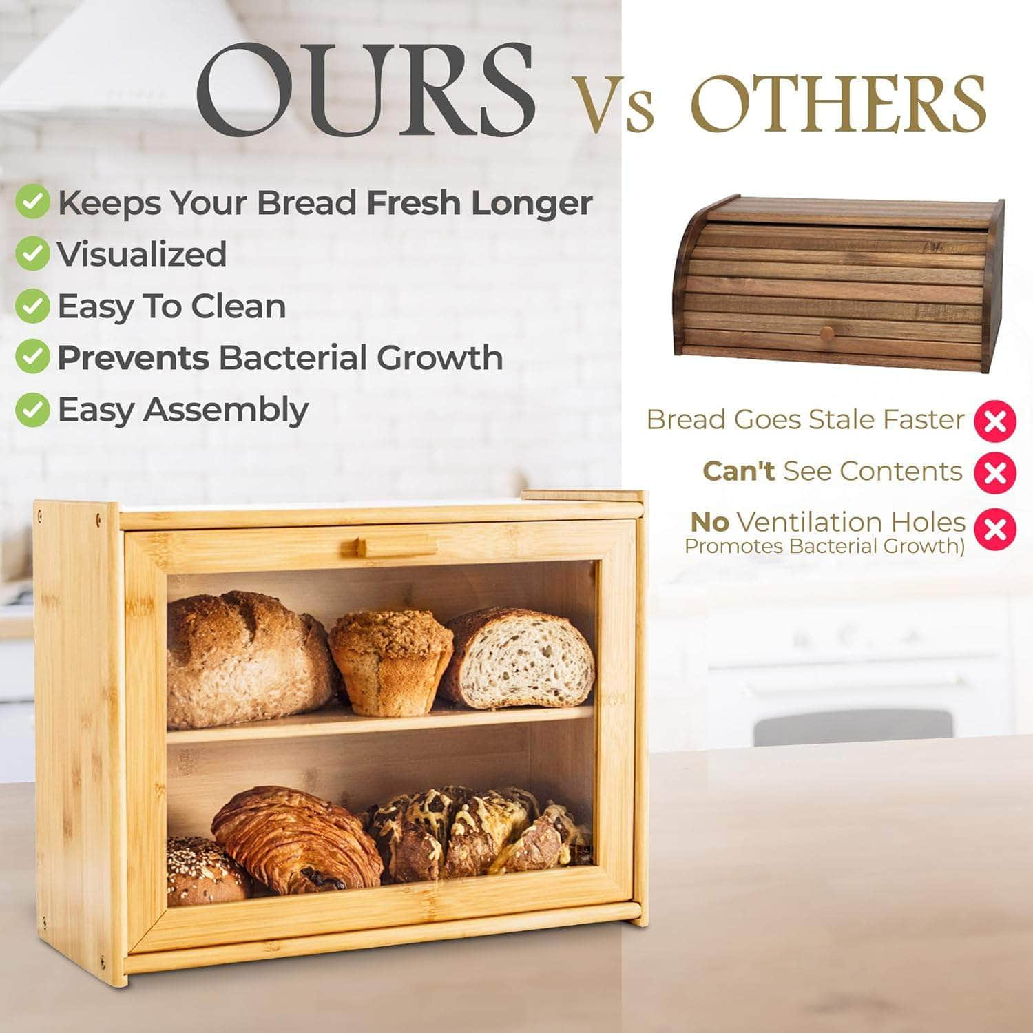 Stylish Bamboo Bread Box - Double Layer with Transparent Window