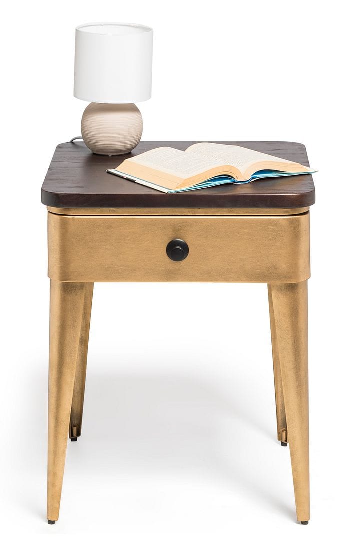 Stylish Brass Finish Bedside Table with Storage Drawer and Wood Top