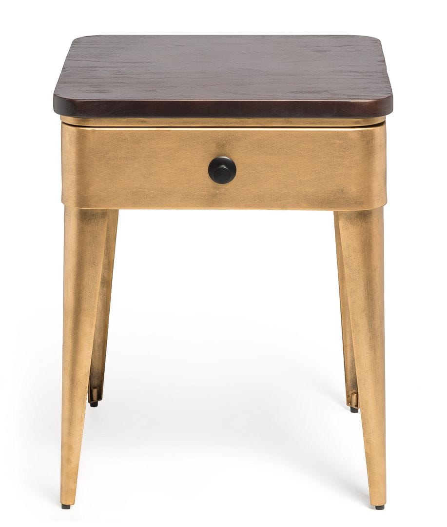 Stylish Brass Finish Bedside Table with Storage Drawer and Wood Top