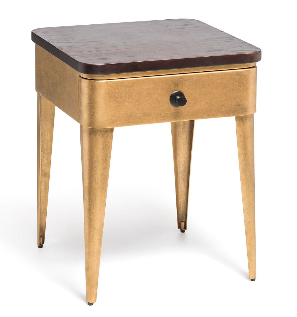 Stylish Brass Finish Bedside Table with Storage Drawer and Wood Top