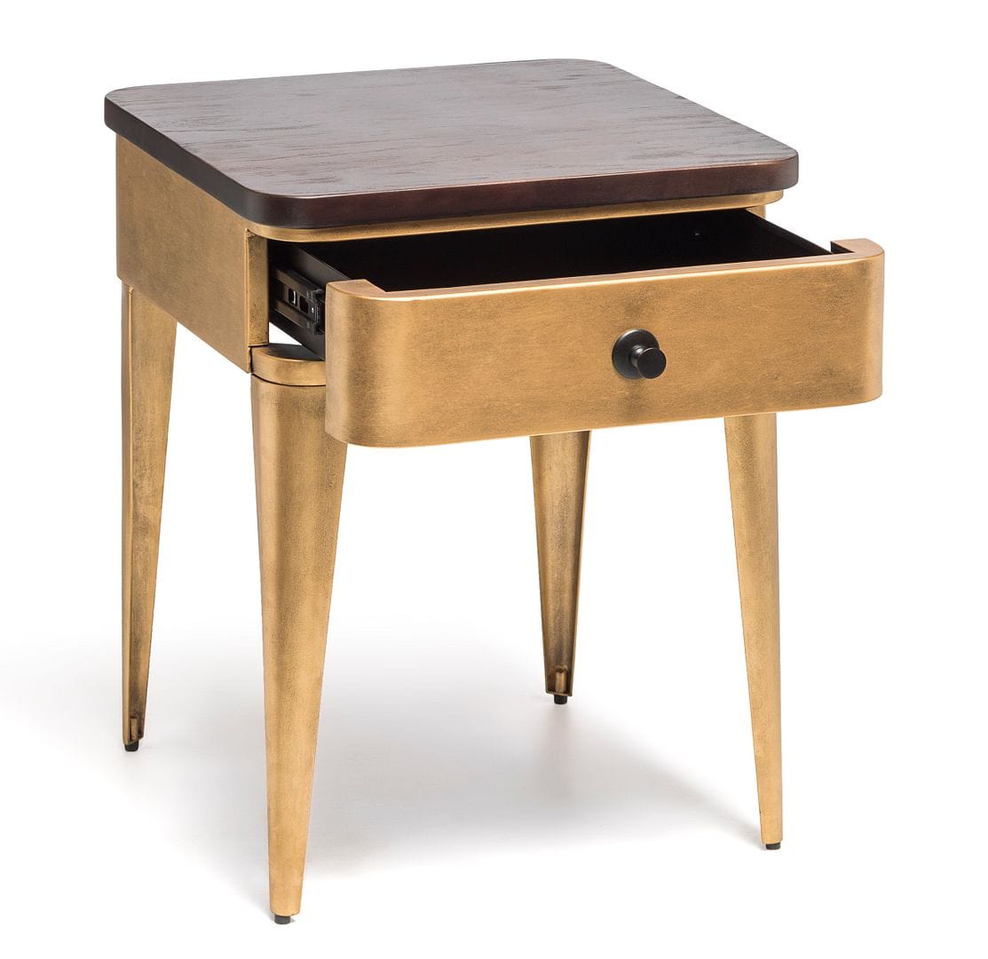 Stylish Brass Finish Bedside Table with Storage Drawer and Wood Top