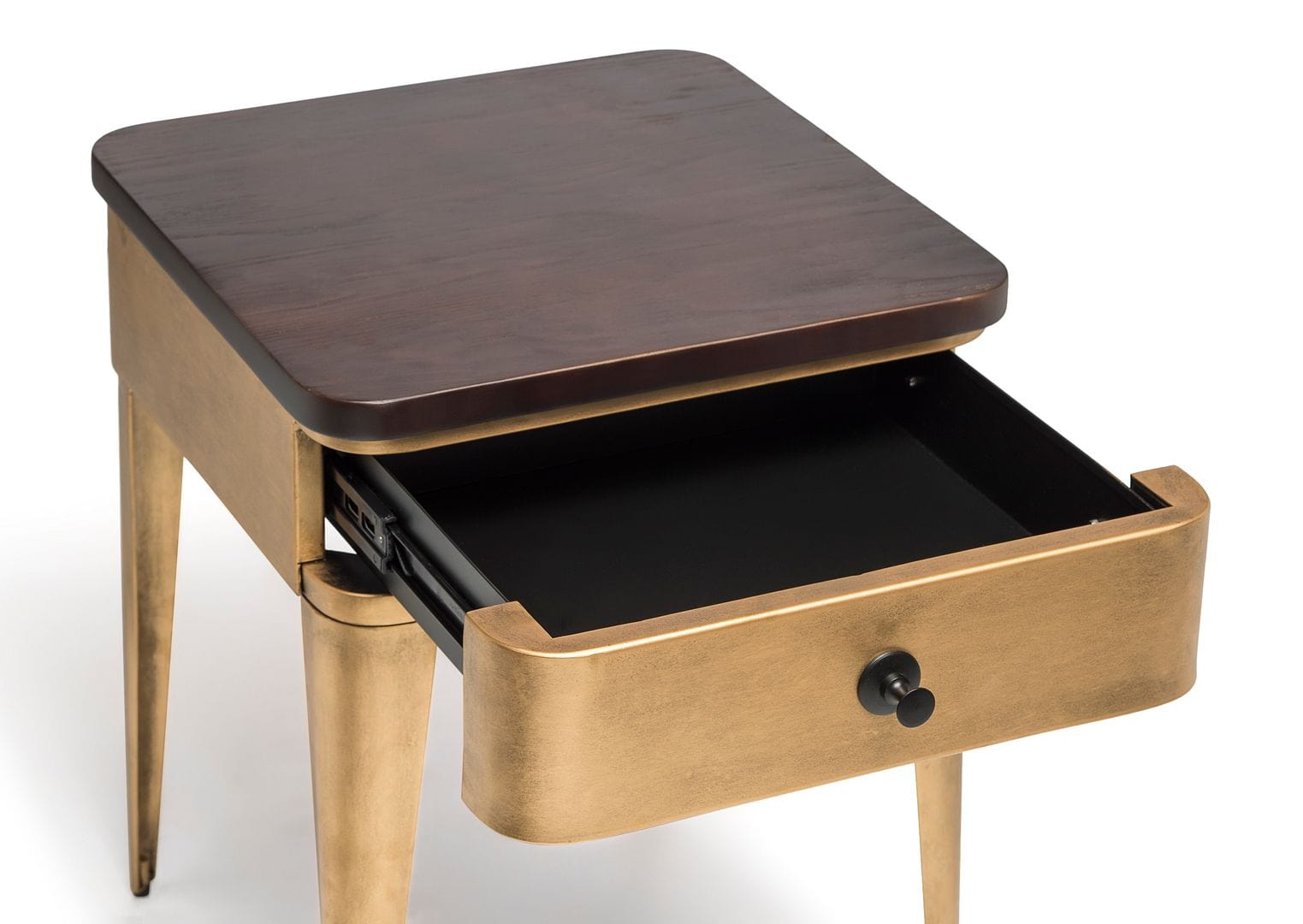 Stylish Brass Finish Bedside Table with Storage Drawer and Wood Top