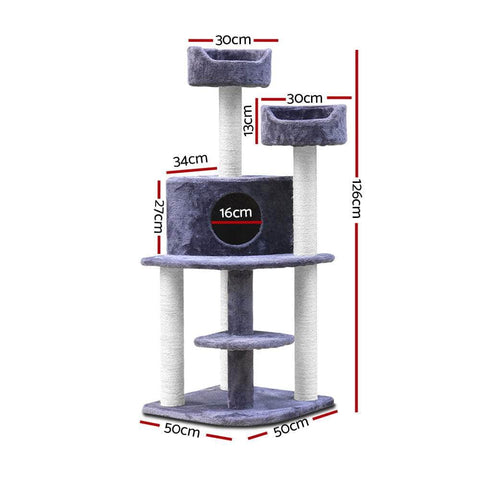 Stylish Cat Tree Tower with Scratching Posts - Grey 126cm