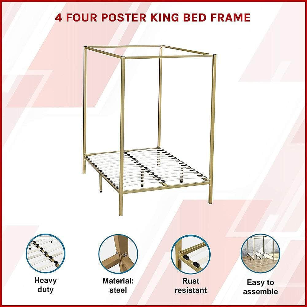 Stylish design 4 Four Poster King Bed Frame-Gold/Cream