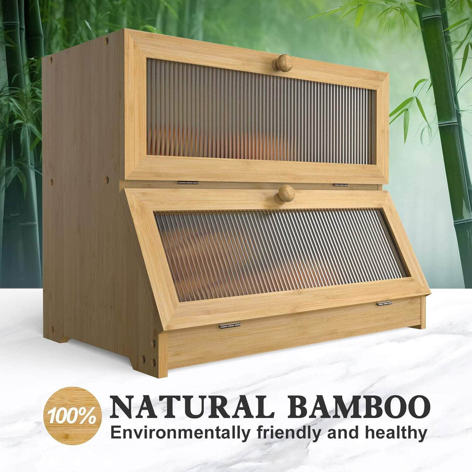 Stylish Double-Layer Bamboo Bread Box - Clear Window