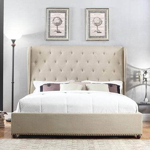 Stylish Queen Bed Frame with Beige Fabric and High French Provincial Headboard