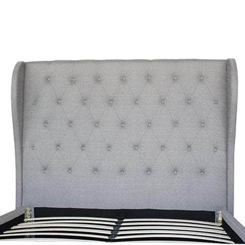 Stylish Queen Bed Frame with Grey Fabric and High French Provincial Headboard