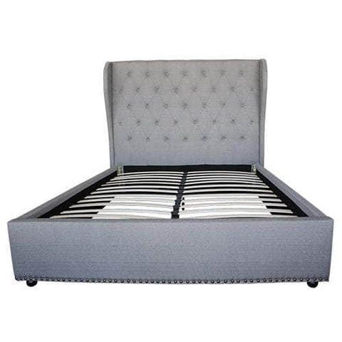 Stylish Queen Bed Frame with Grey Fabric and High French Provincial Headboard