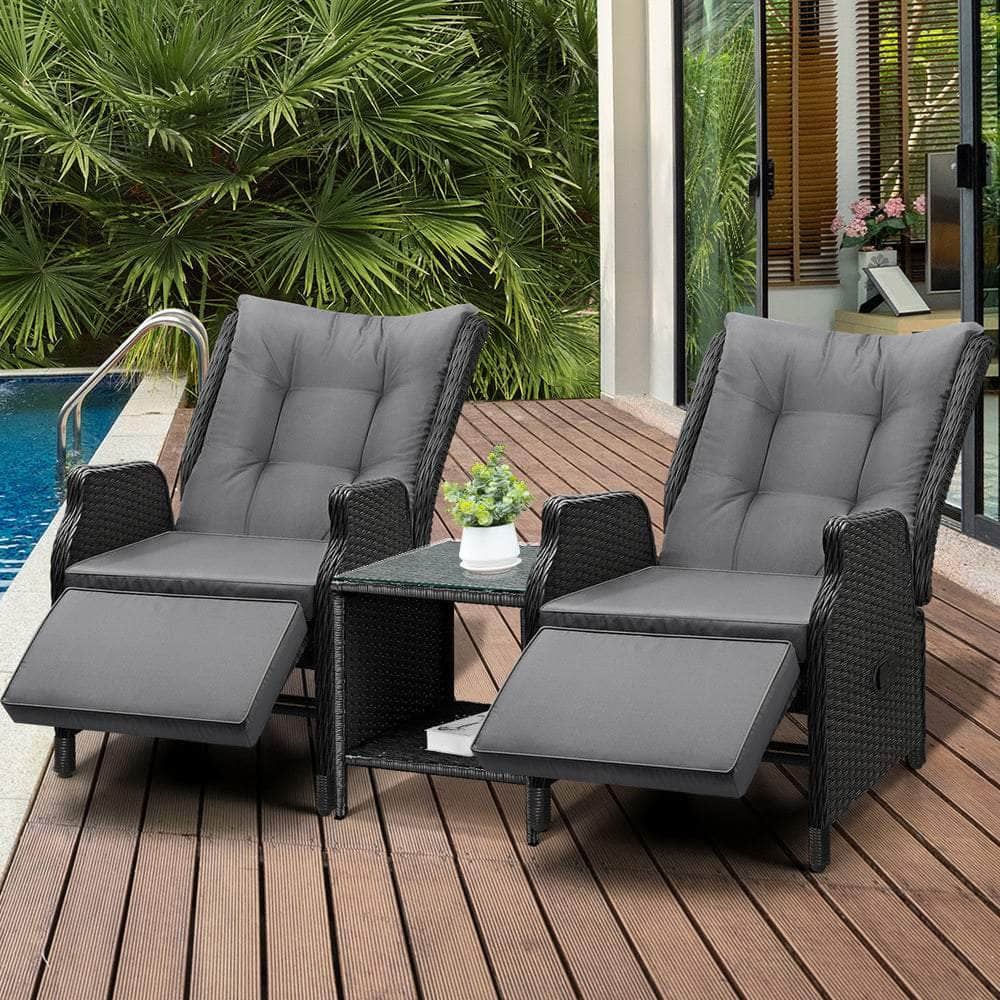 Sun Lounge Outdoor Recliner Chair &Table Outdoor Furniture Patio Set of 3