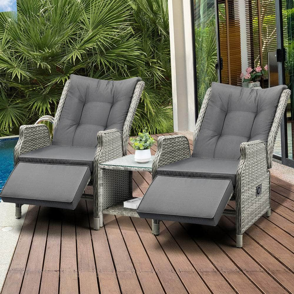 Sun Lounge Outdoor Recliner Chair &Table Outdoor Furniture Patio Set of 3