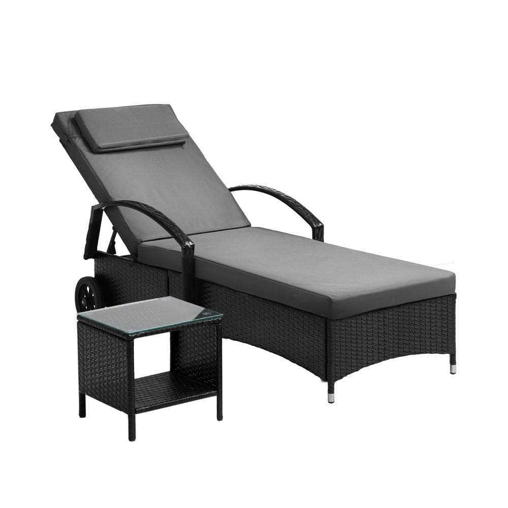 Sun Lounger Wheeled Day Bed with Table Set Outdoor Patio