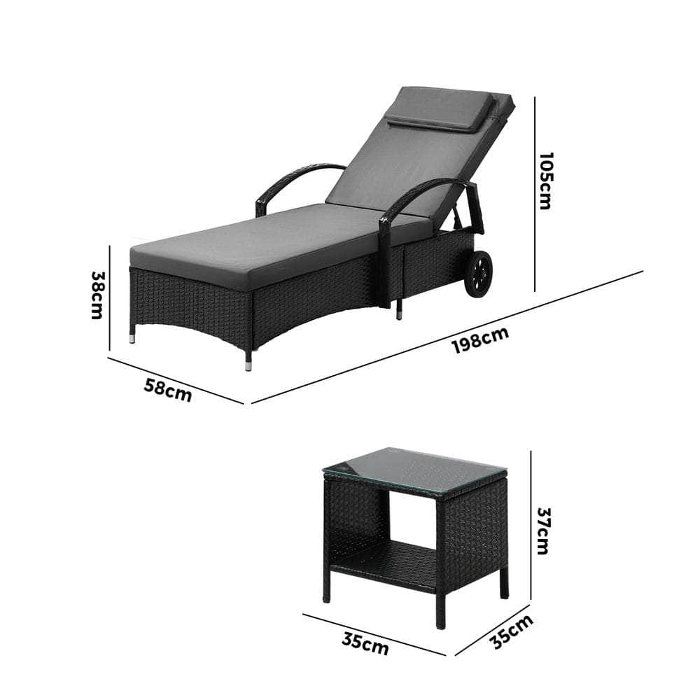 Sun Lounger Wheeled Day Bed with Table Set Outdoor Patio