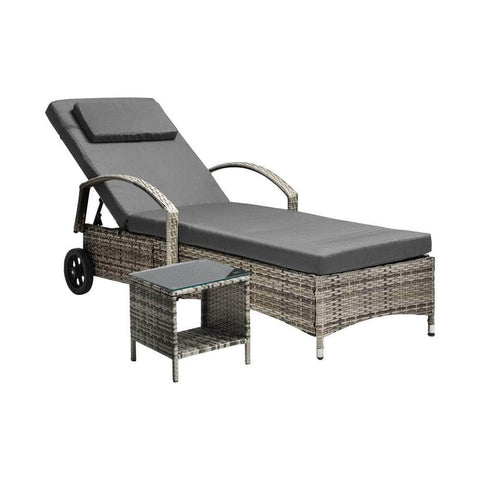 Sun Lounger Wheeled Day Bed with Table Set Outdoor Patio