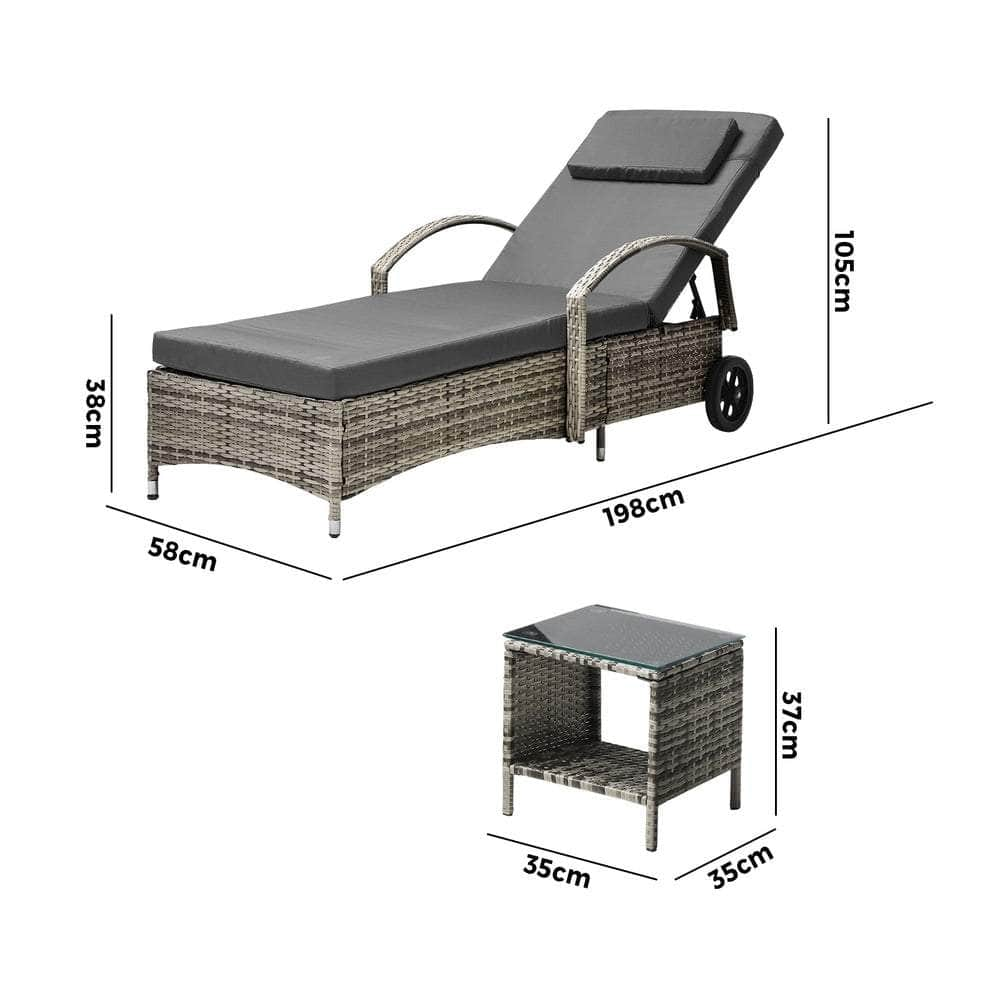 Sun Lounger Wheeled Day Bed with Table Set Outdoor Patio