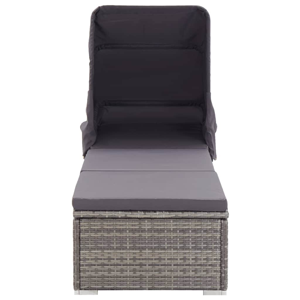 Sun Lounger with Canopy and Cushion Poly Rattan Grey