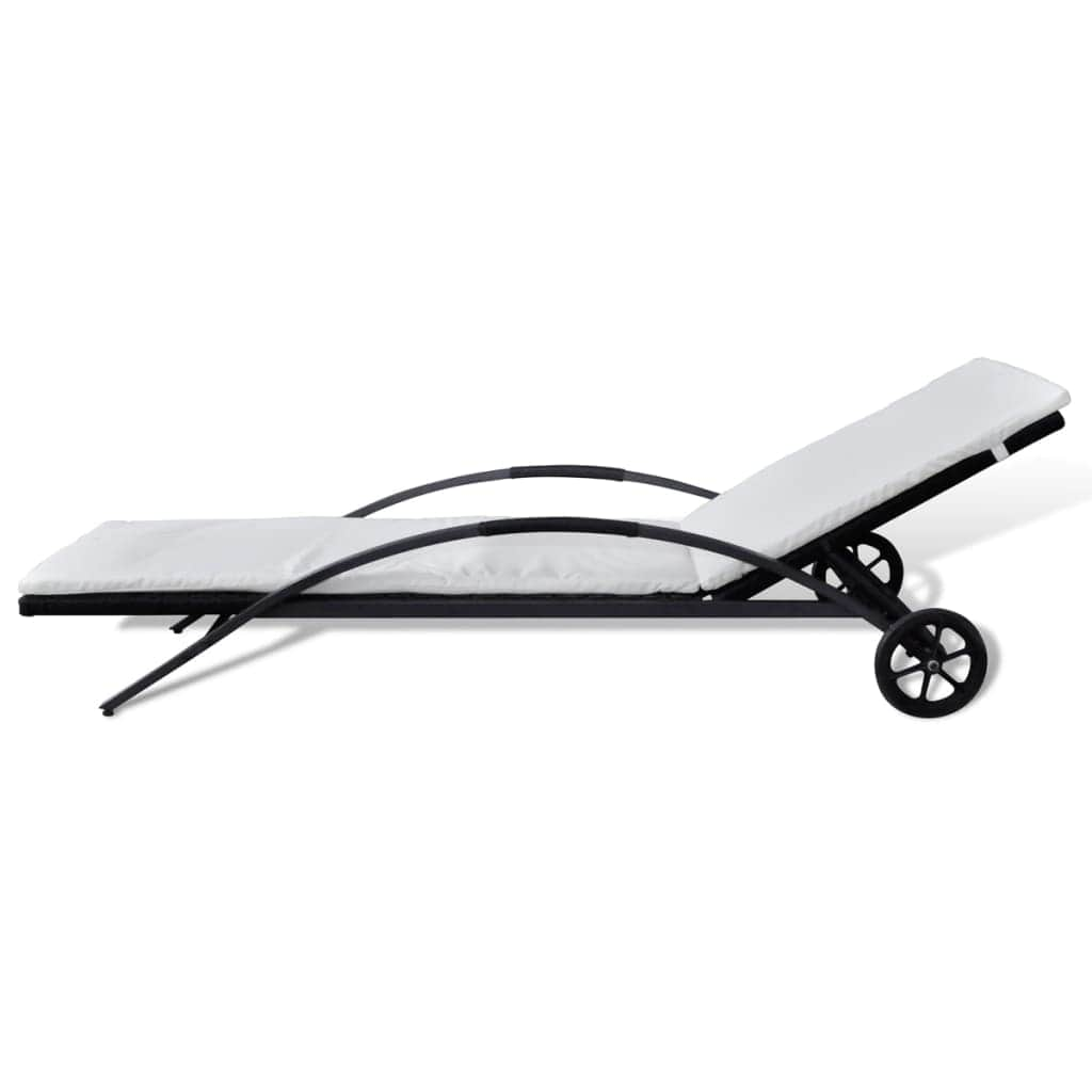 Sun Lounger with Cushion & Wheels Poly Rattan Black