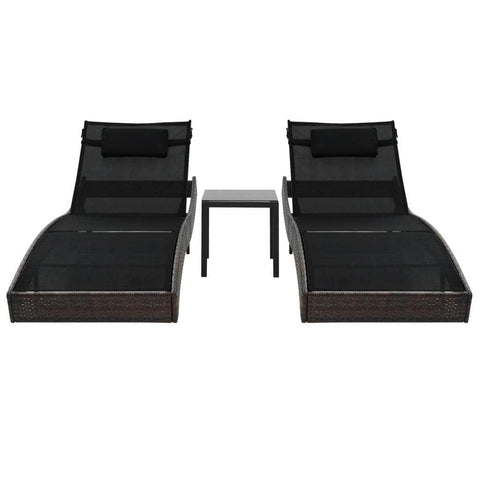 Sun Loungers 2 pcs with Table Poly Rattan and Textilene Brown