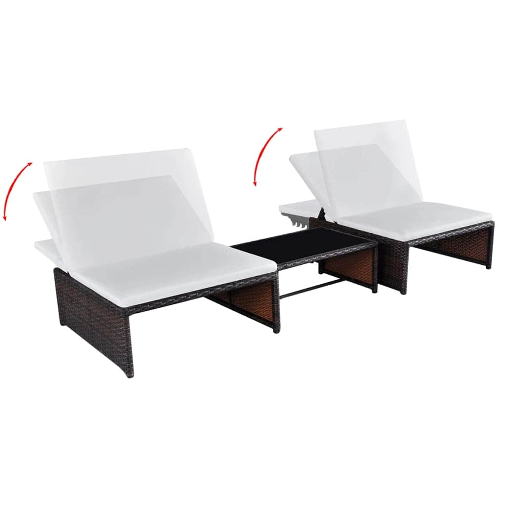 Sun Loungers 2 pcs with Table Poly Rattan Brown