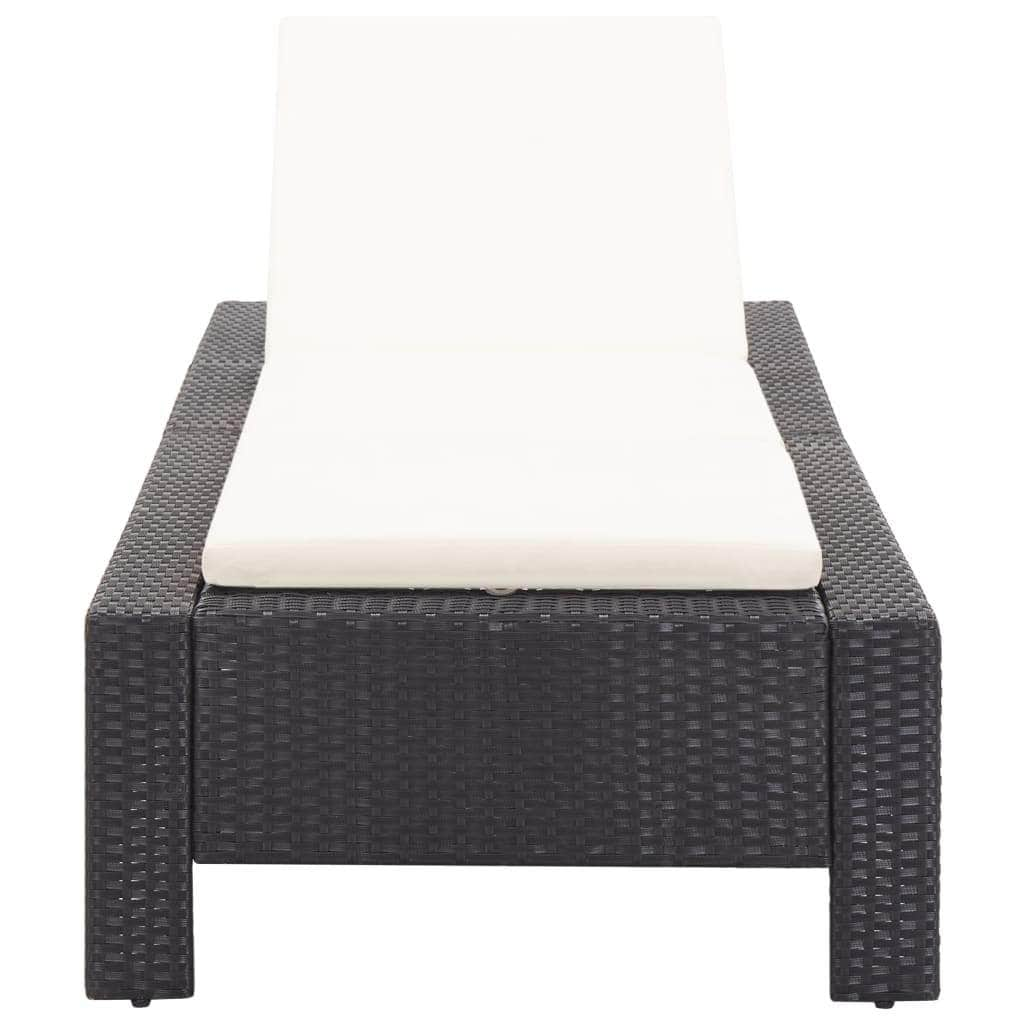 Sunbed with Cushion Black Poly Rattan