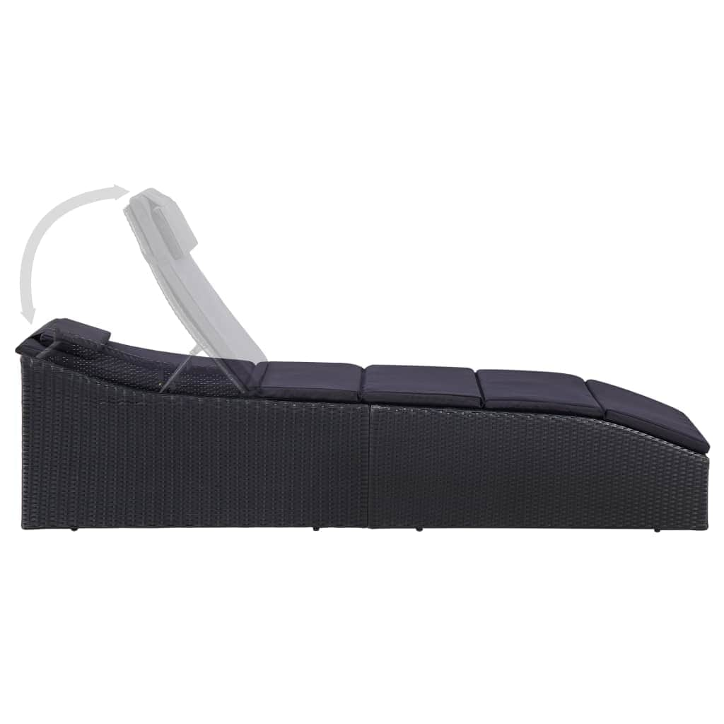 Sunbed with Cushion Poly Rattan Black