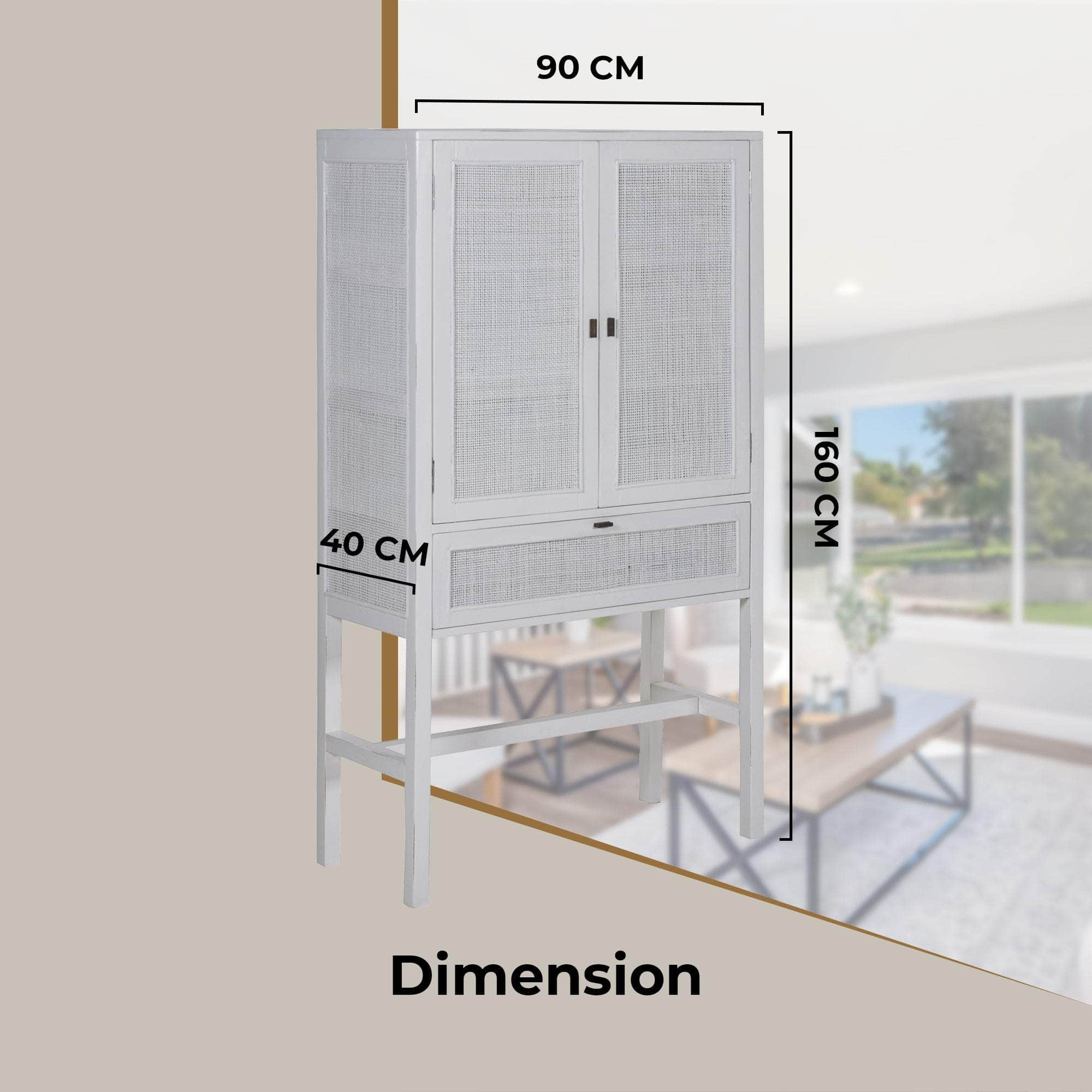 Tall Storage Cabinet 90Cm 2 Door 1 Drawer Mindi Wood Rattan - White