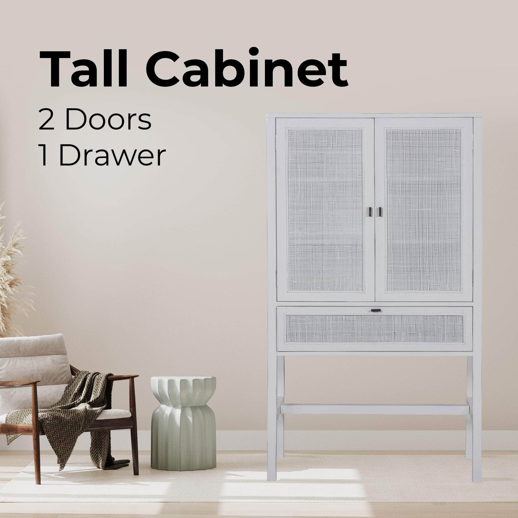 Tall Storage Cabinet 90Cm 2 Door 1 Drawer Mindi Wood Rattan - White