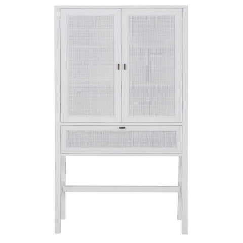 Tall Storage Cabinet 90Cm 2 Door 1 Drawer Mindi Wood Rattan - White