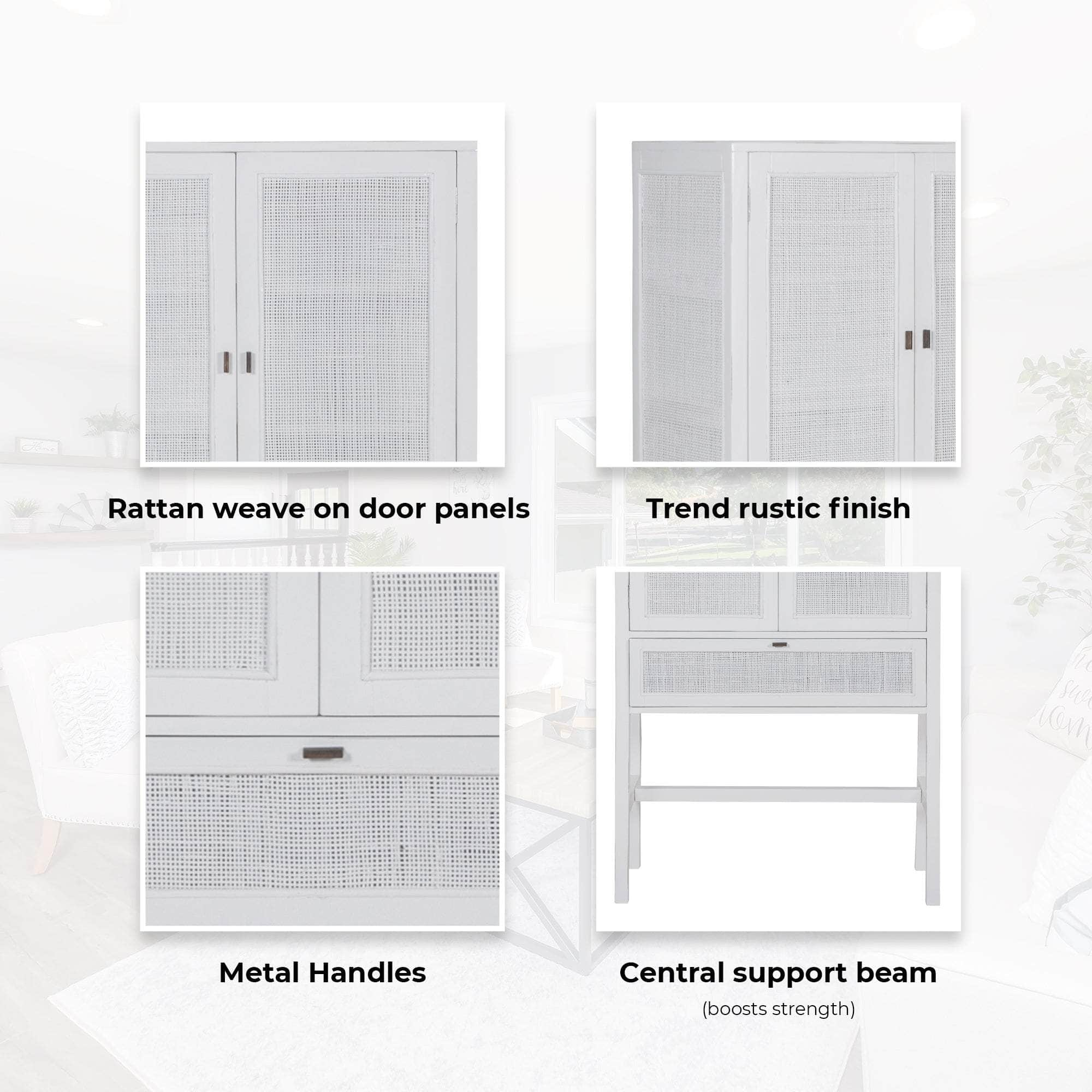 Tall Storage Cabinet 90Cm 2 Door 1 Drawer Mindi Wood Rattan - White