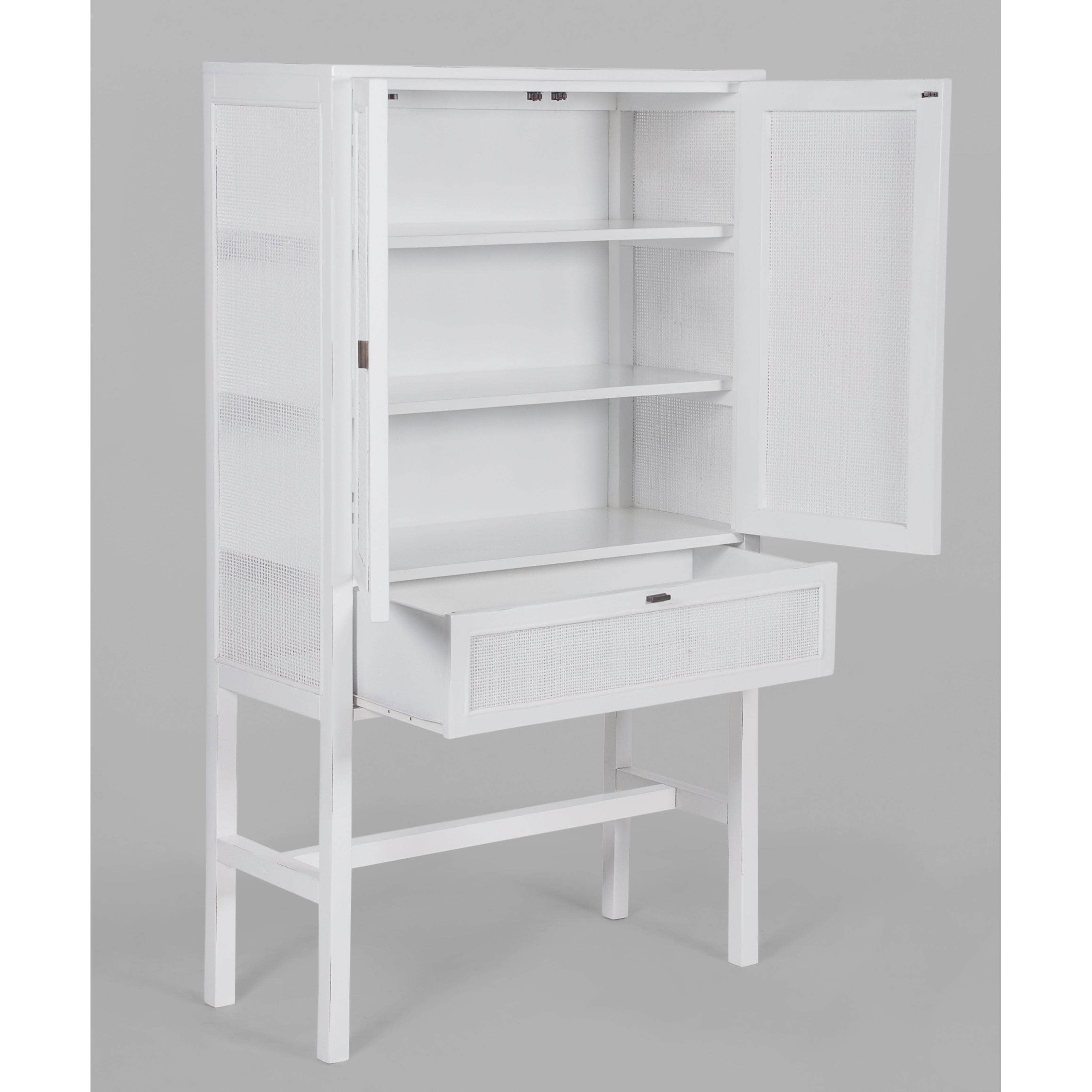 Tall Storage Cabinet 90Cm 2 Door 1 Drawer Mindi Wood Rattan - White