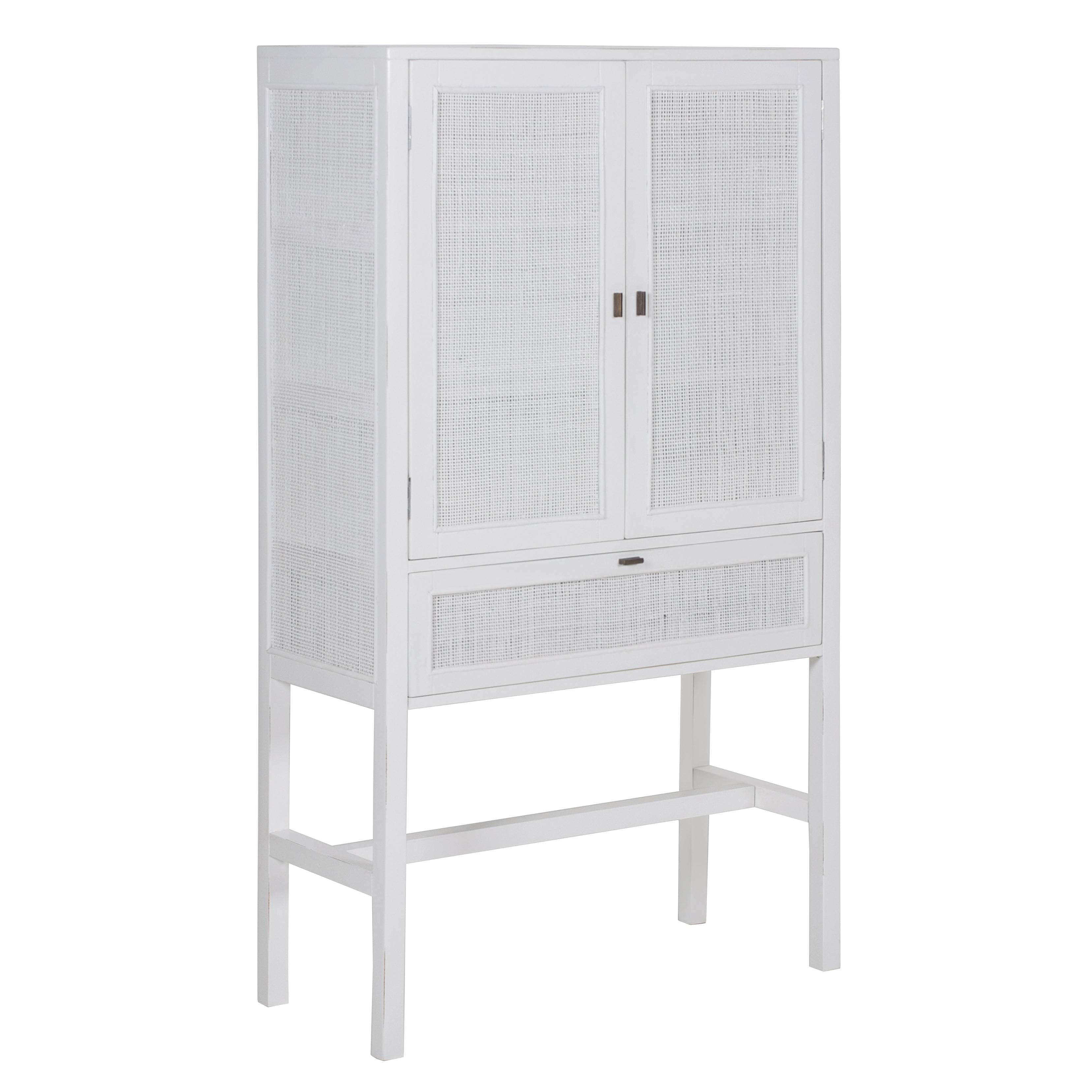 Tall Storage Cabinet 90Cm 2 Door 1 Drawer Mindi Wood Rattan - White