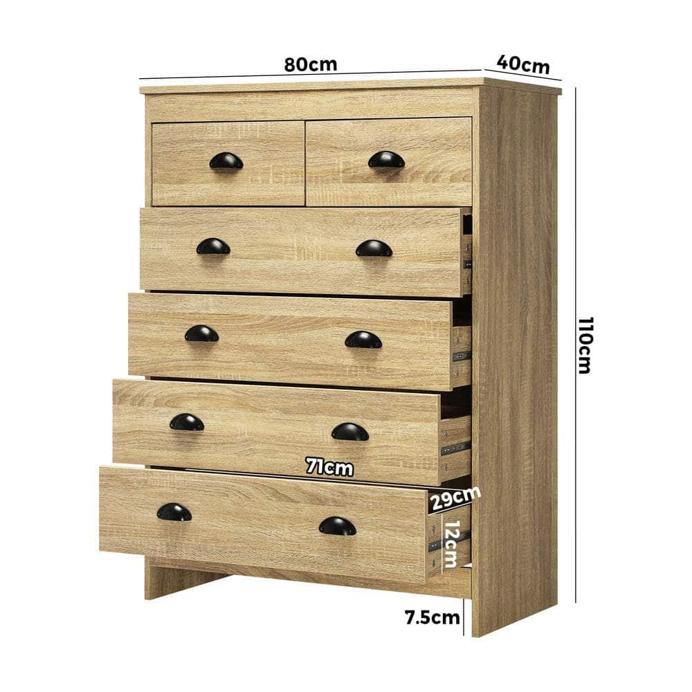 Tallboy Chest of Drawer Dresser 6 Drawers Bedroom Storage Cabinet Natural