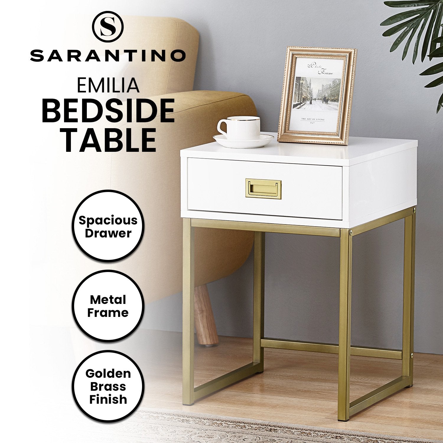 Emilia Bedside Table Night Stand - White/Gold