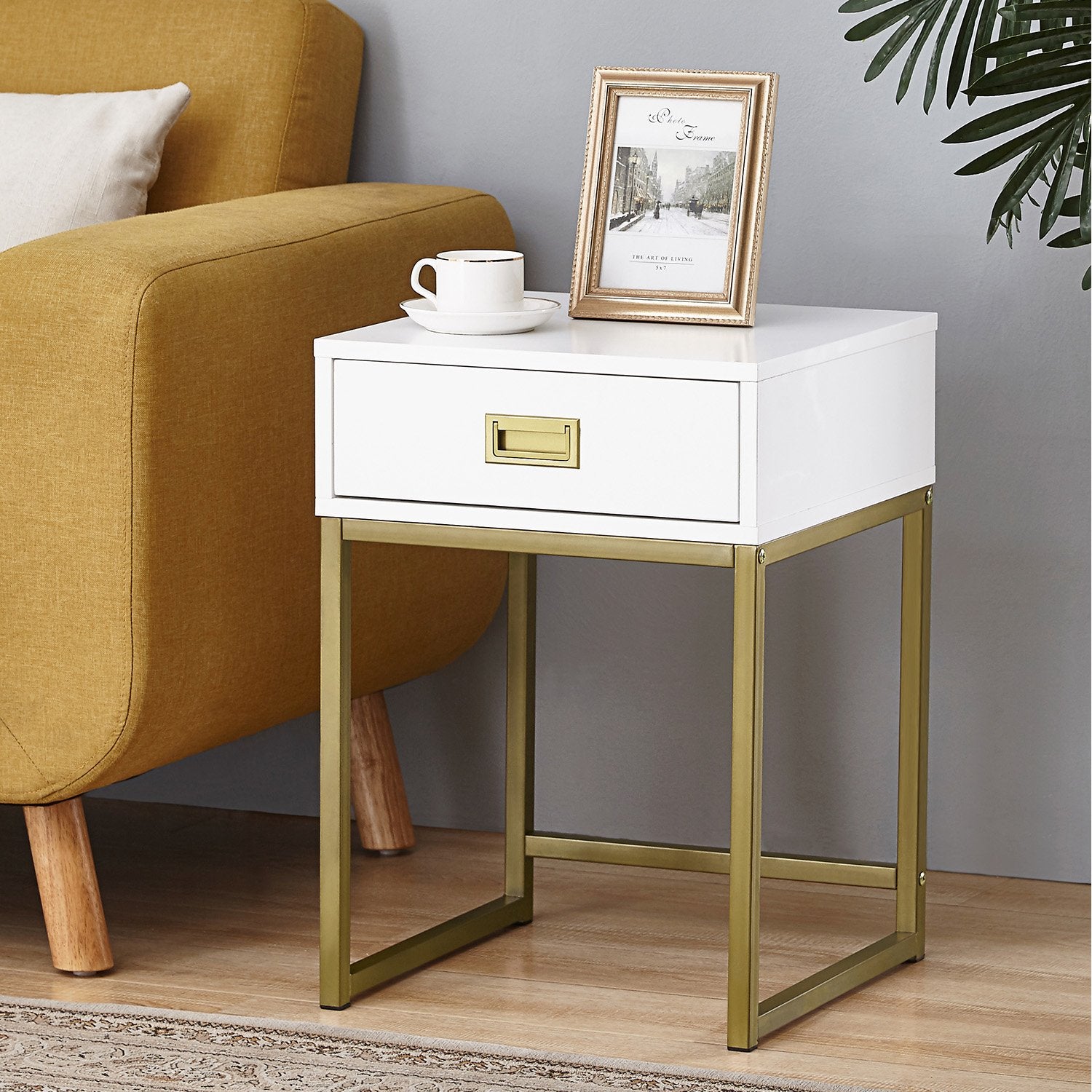 Emilia Bedside Table Night Stand - White/Gold