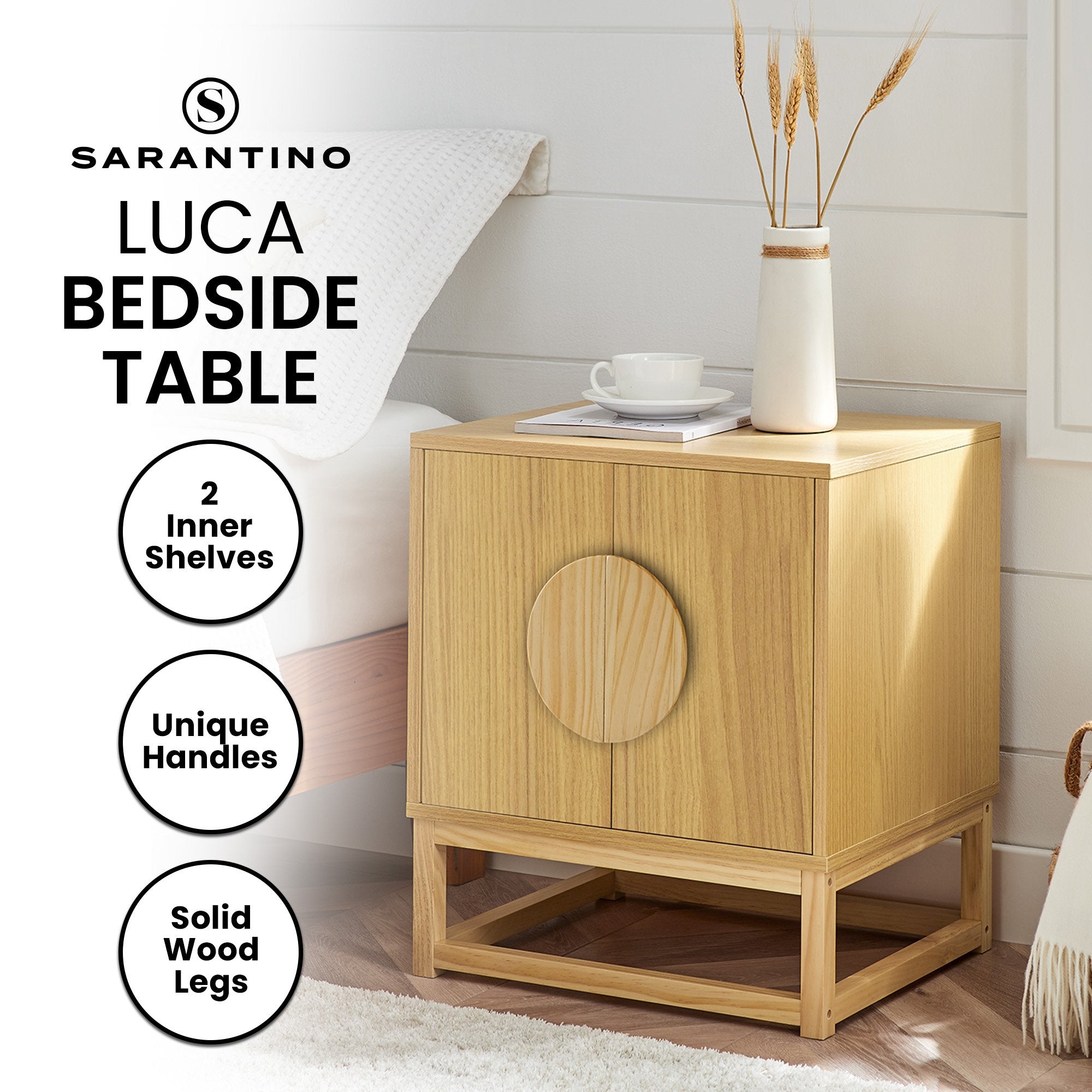 Luca Bedside Table Split Door Night Stand - Natural