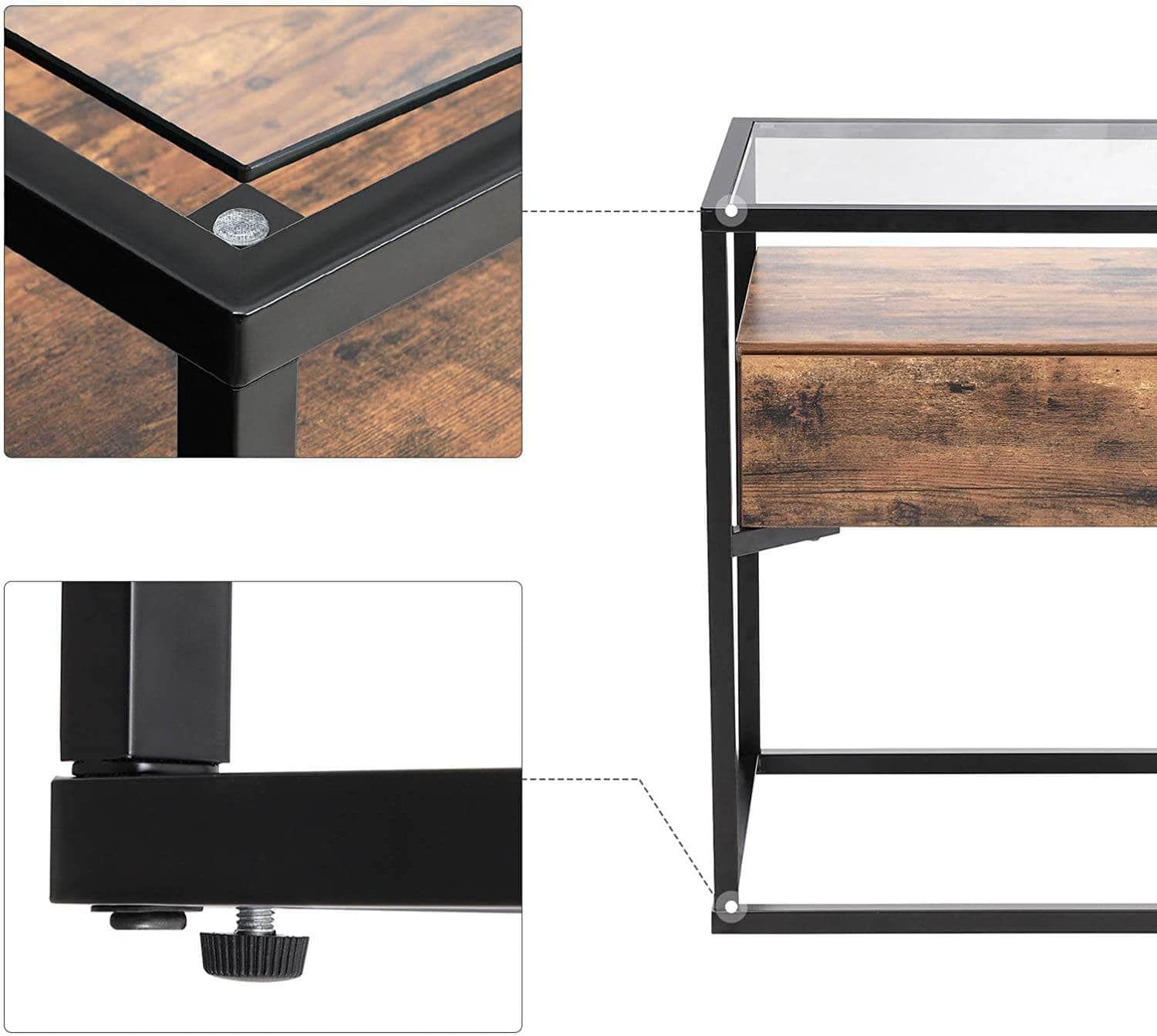 Tempered Glass End Table With Drawer And Rustic Shelf  Stable Iron Frame