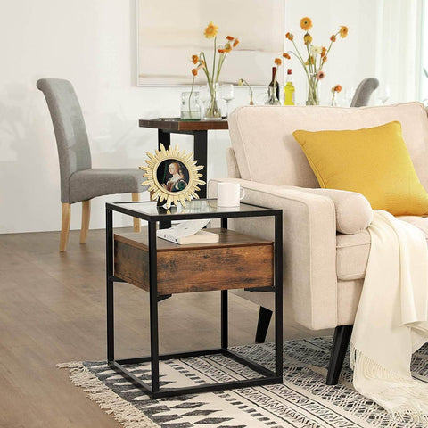 Tempered Glass End Table With Drawer And Rustic Shelf  Stable Iron Frame