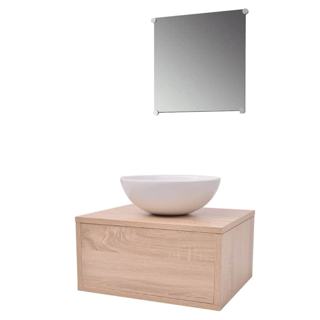 Three Piece Bathroom Furniture and Basin Set Beige